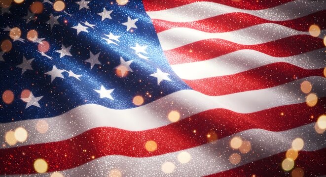Sparkling American flag waving with bokeh lights, celebrating patriotism and national holidays.