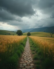 Naklejka premium Stone path leads through golden field toward distant hills under dark stormy sky. Two trees stand sentinel near rolling green farmland and a small house.