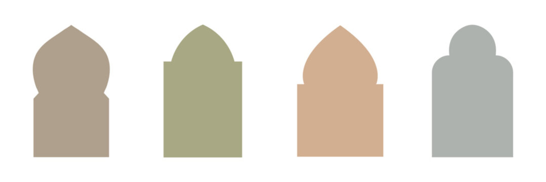 Old mosque windows shape in oriental style. Islamic door set, flat Arabic frames or Arabian arches silhouette. Muslim architecture geometric design elements, Moroccan minimal arcs. Ramadan Kareem gate