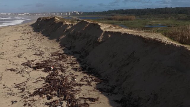 Aerial view of the dune line erosion on the shoreline and boardwalk cutting through the landscape creating a striking contrast of sand and vegetation, Vila do Conde, Portugal.