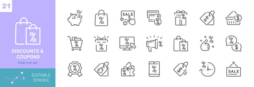 Discounts and Coupons Vector Icons Set. Sale, Shopping Deals, Promo Codes and Retail Offers. Isolated Editable Stroke Linear Collection.
