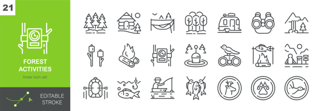 Forest Activities Vector Icons Set. Camping, Fishing, Wildlife Watching and Outdoor Recreation in Nature. Isolated Editable Stroke Linear Collection.
