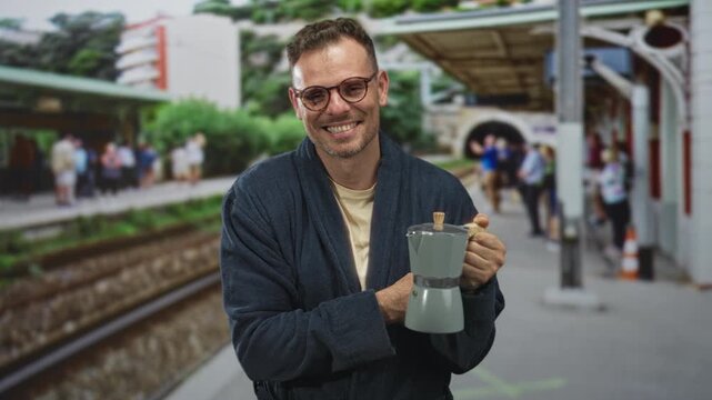 Man in robe holding a moka coffeemaker, smiling with eyes closed on a train station platform; contentment morning ritual routine.