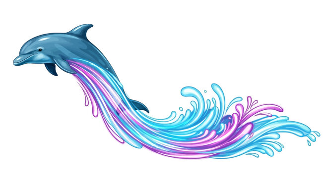 A dolphin swims through colorful waves in the ocean with vibrant pink and blue hues.