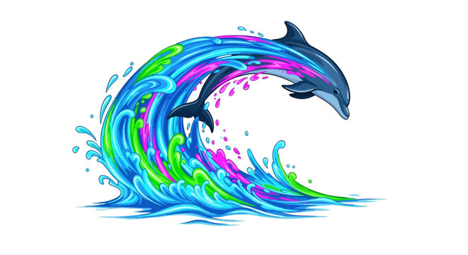 Dolphins jump out of colorful ocean wave in natural scenery