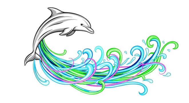 Dolphin jumps out of colorful waves in ocean water illustration