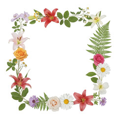 Fototapeta premium Floral wreath with colorful spring flowers and greenery isolated on transparent background