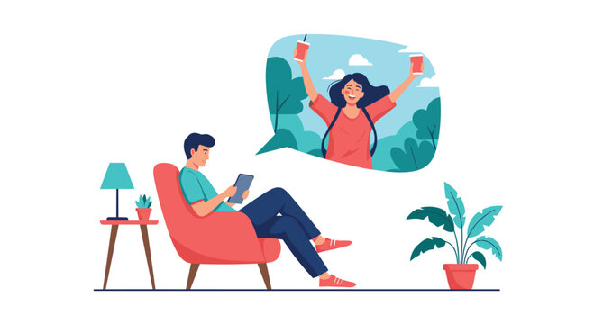 Man sitting in an armchair using a tablet while imagining a happy memory of a woman traveling in a tropical landscape.