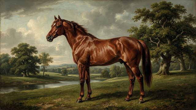 Chestnut Horse Profile Materic Oil Painting - Moody Equestrian English Countryside Heritage