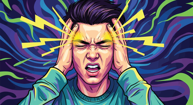 Stress, Frustration, Headache. Angry Man with Migraine, Vector Illustration