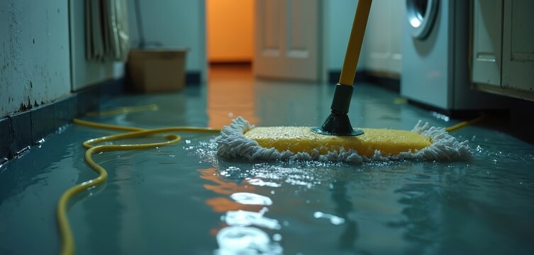 A mop cleans deep water on a basement floor near washing machine. Yellow cable lies in floodwater from pipe burst or heavy rain causing water damage in utility room.