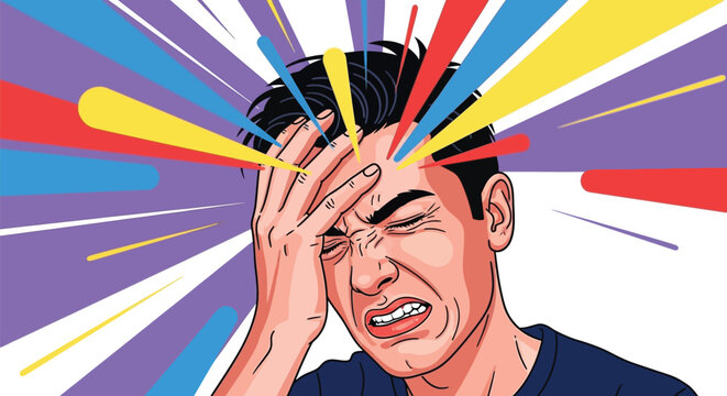 Headache, frustrated man, colorful explosion, stress, migraine