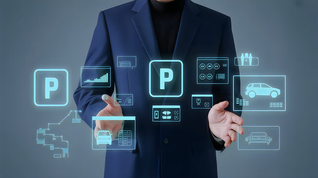 Businessman interacting with digital parking management interface showing vehicle icons and data charts for smart city solutions and urban mobility.