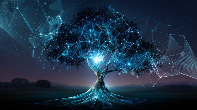 Digital Tree Network vector illustration design Concept with Abstract Wireframe polygonal Elements Forming tree Shapes Representing Neural Connections, Artificial Intelligence(AGI), Visualization.