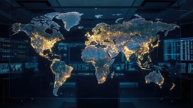 Glowing Digital World Map With Global Network Connections In Dark Control Room