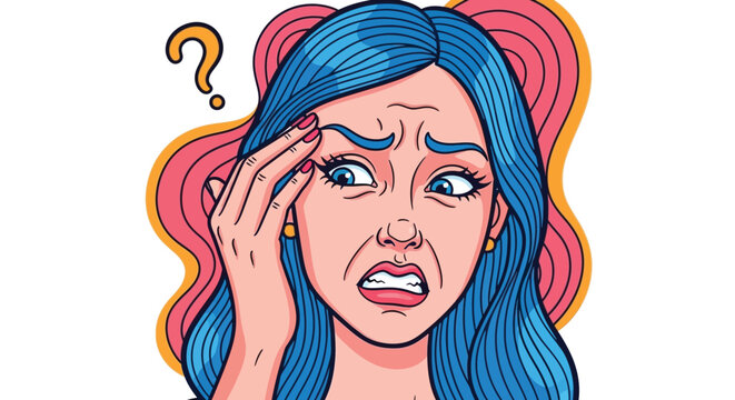 Confused woman, puzzled face, question mark, pop art style, blue hair, worried expression, vector illustration