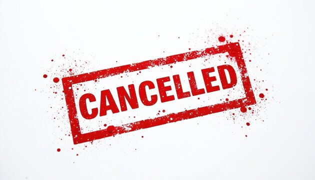 Red rubber stamp with word CANCELLED imprints on white paper. Graphic symbol for termination or nullification of documents or events. Stop, end, or void a plan. Red stamp signifies a definitive end.