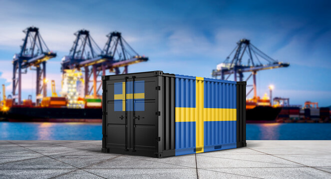 Sweden Cargo Container at Port: A vibrant display of Swedish pride, with cargo containers boldly adorned with the nation's flag. Set against the backdrop of a bustling port scene.