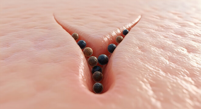 Skin pore with blackheads and whiteheads on human skin closeup view