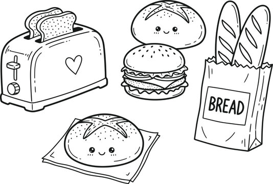 A black and white coloring page illustration featuring a cute toaster and assorted bread items