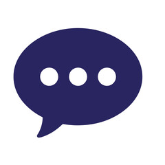 Fototapeta premium Dark blue speech bubble with three white circular dots in the center, representing a chat or messaging interface symbol on a plain white background