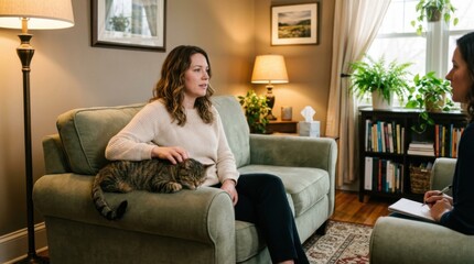 Obraz premium Woman in therapy session with cat, talking to therapist.