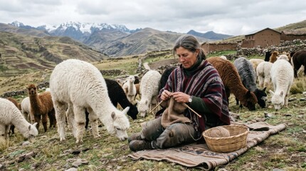 Fototapeta premium Woman knitting surrounded by alpacas in a mountainous landscape.