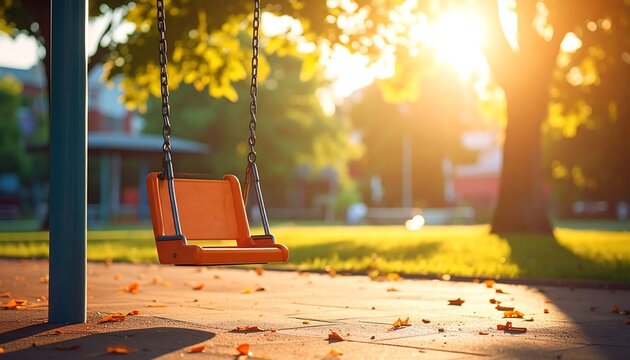 A sun-drenched playground captures an empty orange swing, bathed in golden light with lush greenery and a blurred background