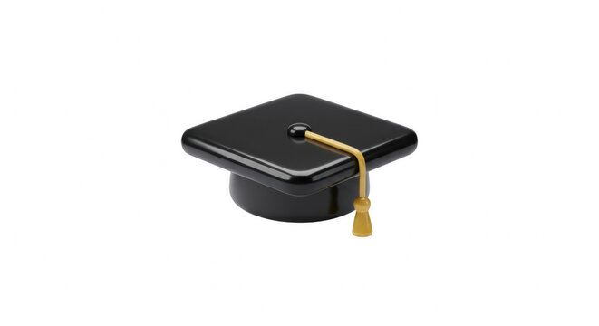 Black graduation cap with a gold tassel representing academic achievement and success for students graduating from school on transparent background