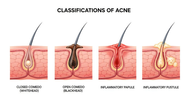 Illustrations of different types of acne on human skin, including closed comedo, open comedo, inflammatory papule, and pustule