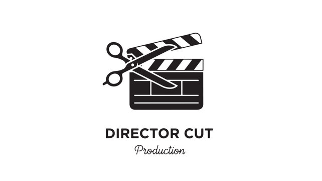 Clapperboard icon with scissors and striped film slate for director cut production logo concept featuring movie editing, editing tools, filmmaking