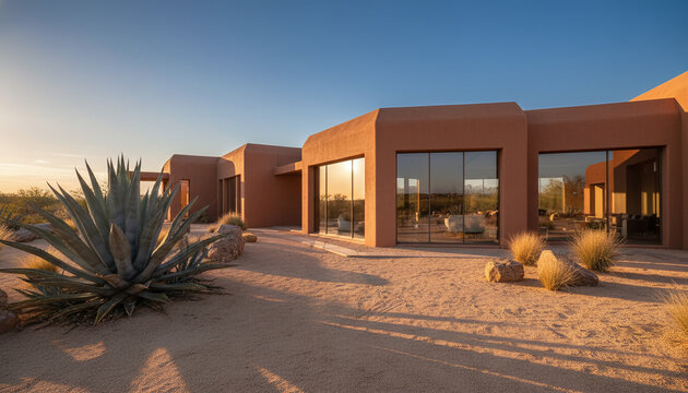 Luxury minimalist desert villa exterior with terracotta stucco walls and cactus
