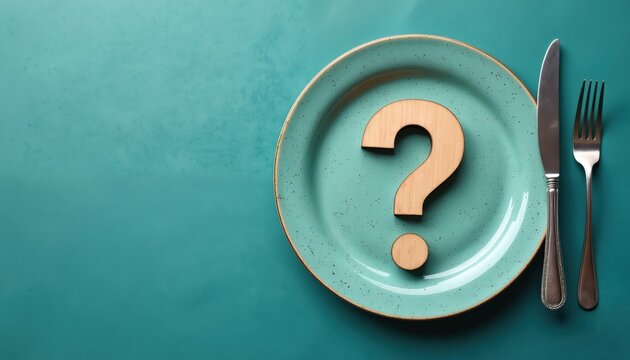 Empty plate with question mark symbol for food choice uncertainty. Knife and fork wait to serve meal. Conceptual image for dining decisions.