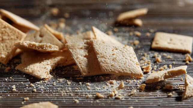 Cracker pieces and crumbs on rustic wooden table background