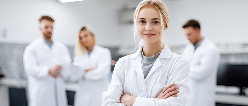 Female scientist smiles with arms crossed in laboratory while team works on experiments in the background