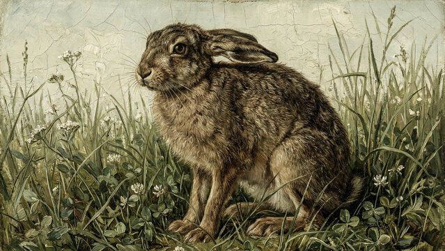 Spring Hare in Wildflower Meadow - Rustic Easter Bunny Materic Oil Painting