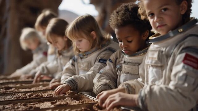 A multicultural group of children in space camp suits pressing handprints into Mars regolith simulant trays during a science workshop, instructors guiding each step, perfect for Ma_3