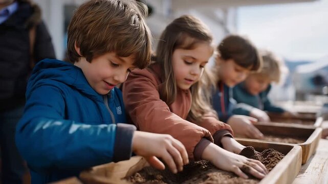 A multicultural group of children in space camp suits pressing handprints into Mars regolith simulant trays during a science workshop, instructors guiding each step, perfect for Ma