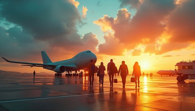 People with luggage walk on airport tarmac towards airplane at vivid sunset. Silhouettes move across wet runway reflecting warm orange sky with clouds. Travel journey begins.