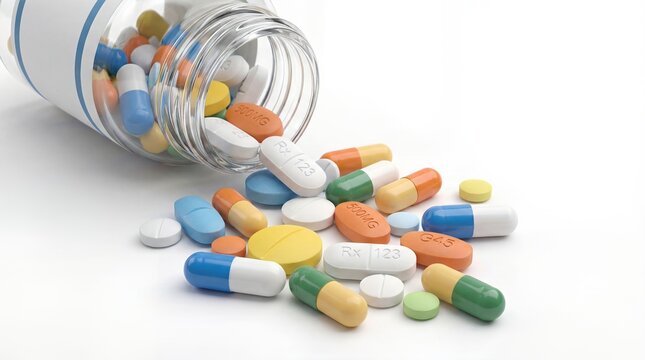 Spilled Glass Bottle with Colorful Pills and Capsules on White Background