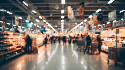 Obraz premium Defocused supermarket aisle with customers, retail and shopping concept