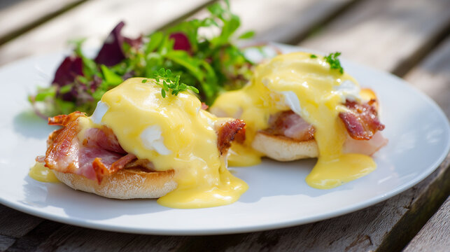 Classic eggs benedict breakfast plate with hollandaise sauce
