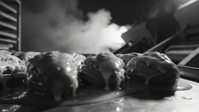 Black and white close up of glazed pastries with steam and factory equipment during food production