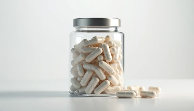 Glass jar full of white capsules on clean white background. Some pills spill out on table surface. Simple, clean presentation of medication or supplements for health and wellness needs.