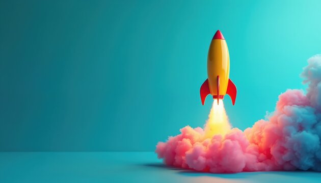 Yellow rocket blasts off with pink blue smoke trails on turquoise backdrop. Concept for creativity exploration innovation and new beginnings. Upward movement and speed symbolized.