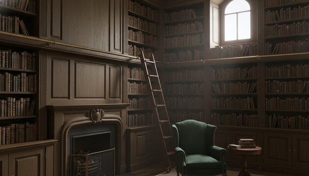 Moody dark academia library interior with oak wood paneling and velvet chair