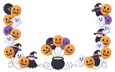 Obraz premium Halloween decorative border featuring pumpkins with faces ghosts witches design element flat design trick or treat halloween theme party invitation halloween decoration cauldron seasonal