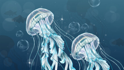 Blue Illustrated Incandescent Jellyfish Desktop Wallpaper © Manvendra
