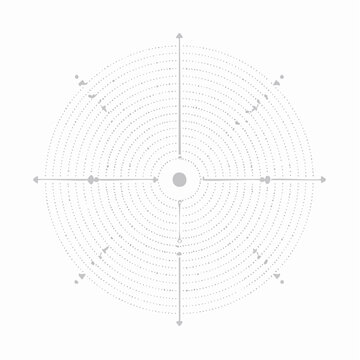 Minimalist circular target diagram with dotted concentric rings and directional arrows forming a technical radar or compass interface design for scientific data visualization and measurement.