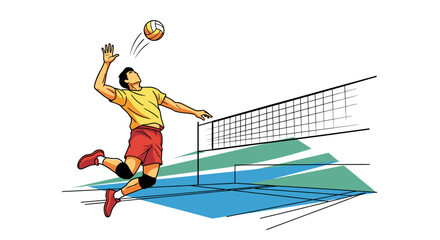 Naklejka premium A dynamic illustration of a male volleyball player spiking the ball over the net on a court.